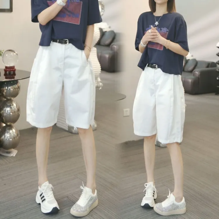 香朵儿百搭高腰五分裤夏季新款韩版宽松慵懒感纯色休闲裤工装短裤