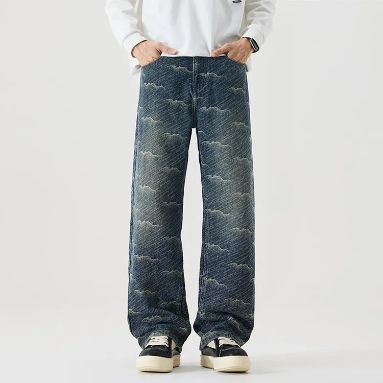 【赤原】复古水洗牛仔裤男秋季潮牌海浪纹高级感直筒宽松休闲提花裤