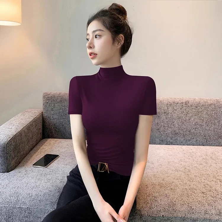 韩系半高领短袖t恤女夏季2025新款透气打底半袖修身针织洋气上衣