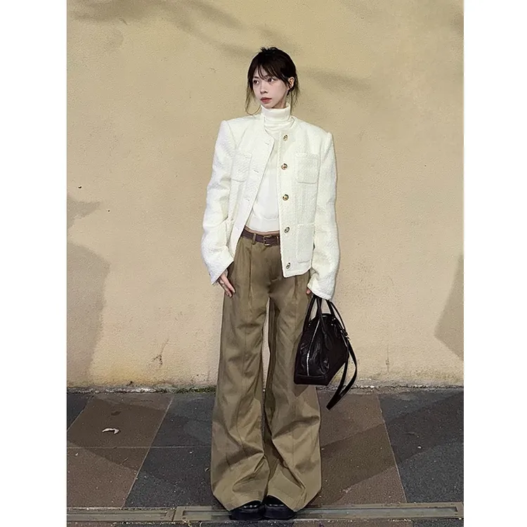 白色粗花呢小香风外套女2025秋季新款韩版小个子高级感千金风上衣