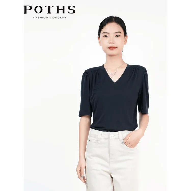 铂玺2025新款时尚气质V领针织衫简约百搭显瘦天丝垫肩T恤85601186