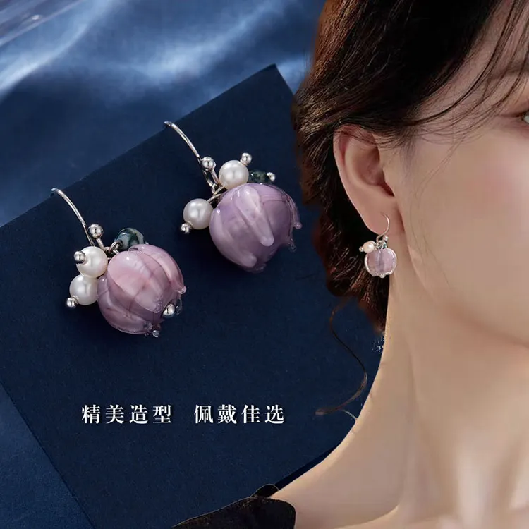 铜合金琉璃耳饰 复古新中式紫色琉璃花朵耳坠甜美百搭天然石耳钩