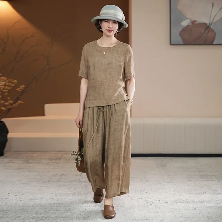 【芙澜卡尔】百搭通勤休闲款圆领短袖夏装纯色半袖套装极简复古风