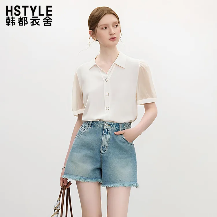 韩都衣舍法式设计感通勤小众宽松翻领衬衫女薄款时髦气质衬衣夏季