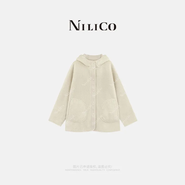 NILICO【女明星】轻奢气质设计感羊羔开衫连帽时尚百搭舒适毛绒外套