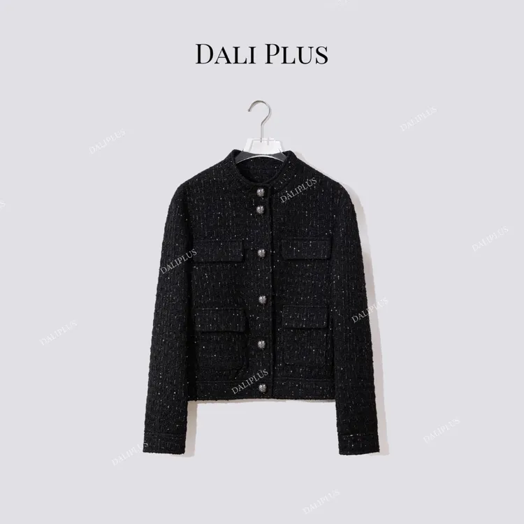 DALI PLUS“星空黑香风外套”法式气质通勤粗花呢亮片外套-D5TY0113