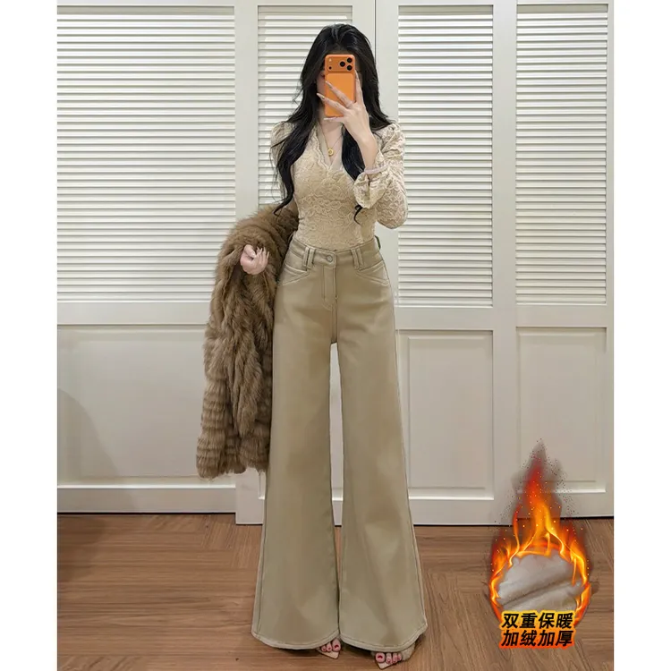 乔栈加绒加厚卡其色阔腿牛仔裤女秋冬爆款高腰宽松小个子百搭长裤