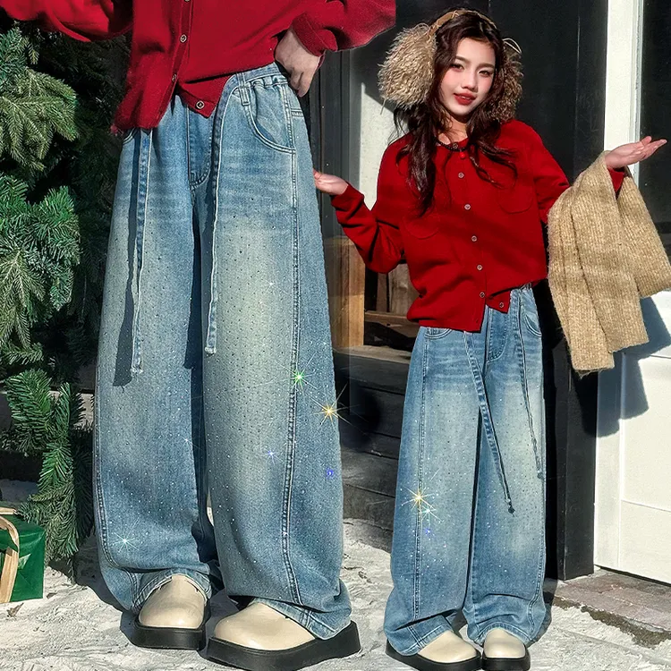 女童冬季加绒加厚牛仔裤2026新款中大童儿童洋气百搭烫钻直筒裤子