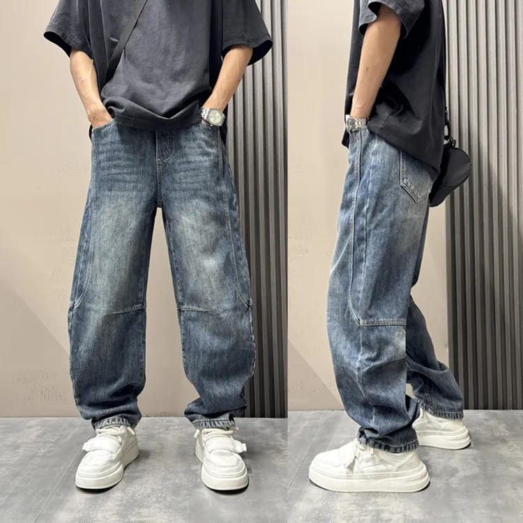 秋冬新款美式休闲痞帅拼接水洗加绒牛仔裤男士直筒宽松百搭弯刀裤