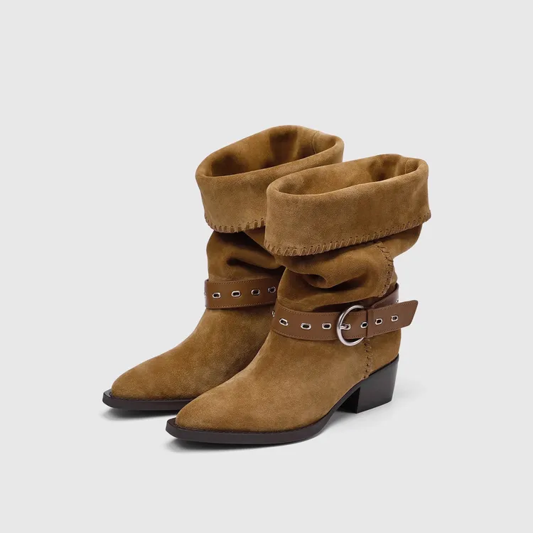 复古中筒尖头靴2025新款纯色骑士短靴中跟褶皱西部牛仔堆堆靴