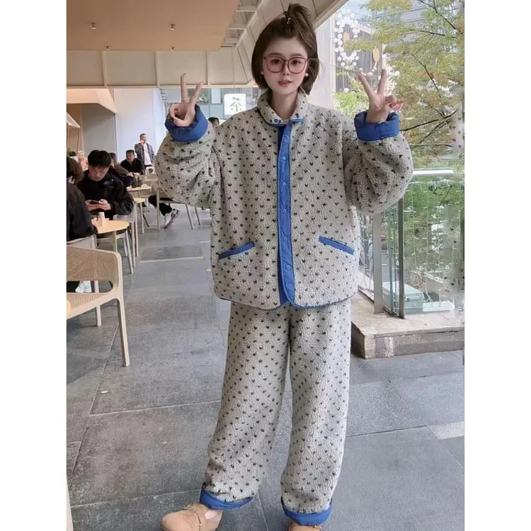 欧货拼色两面穿珊瑚绒家居服套装女冬季宽松加厚保暖休闲睡衣