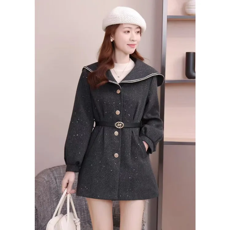 ASY/御姐2025新款秋冬高级【小个子】海军领亮片收腰外套