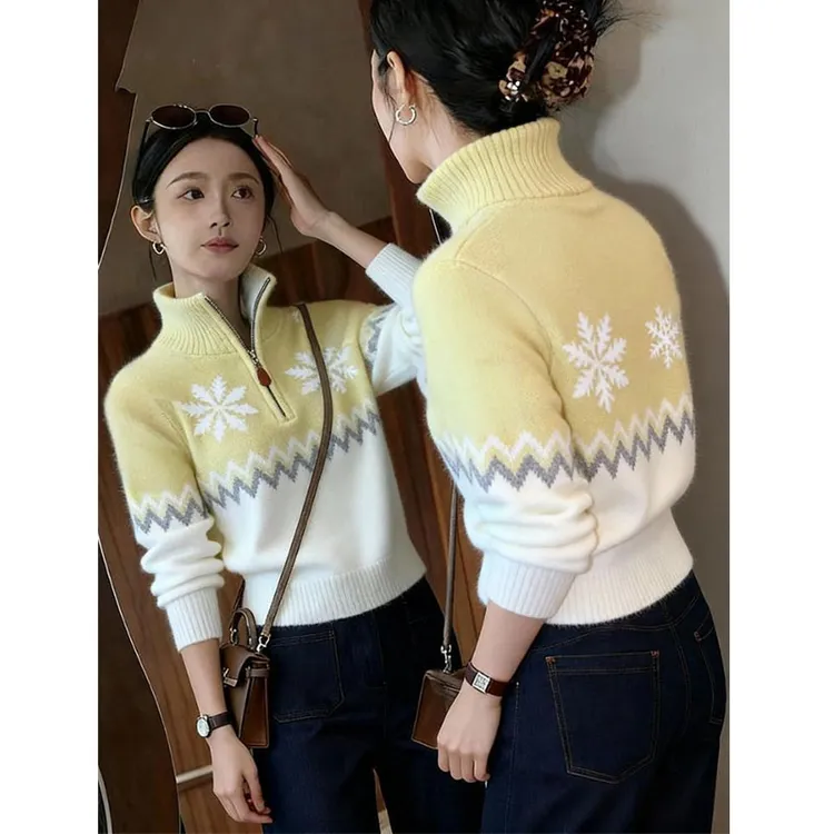 费尔岛提花拉链翻领毛衣女2025冬季新款小个子减龄百搭软糯针织衫