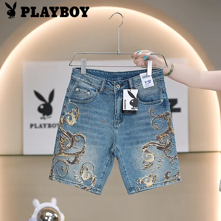 PLAYBOY/花花公子夏季薄款男士立体压花修身型时尚潮流五分牛仔