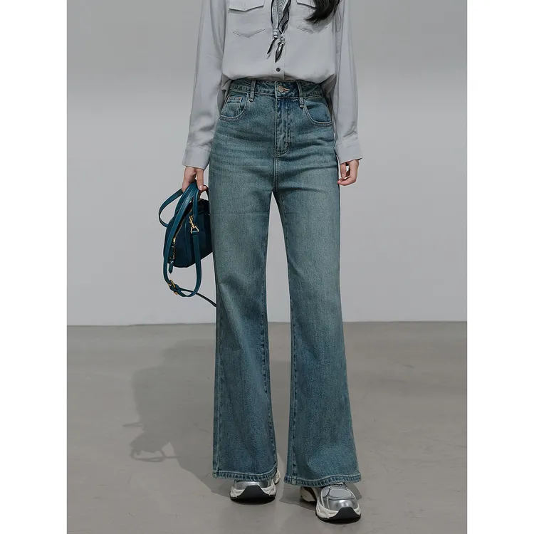 木易易简约高腰微喇牛仔裤女小个子2025新款秋季休闲百搭直筒长裤
