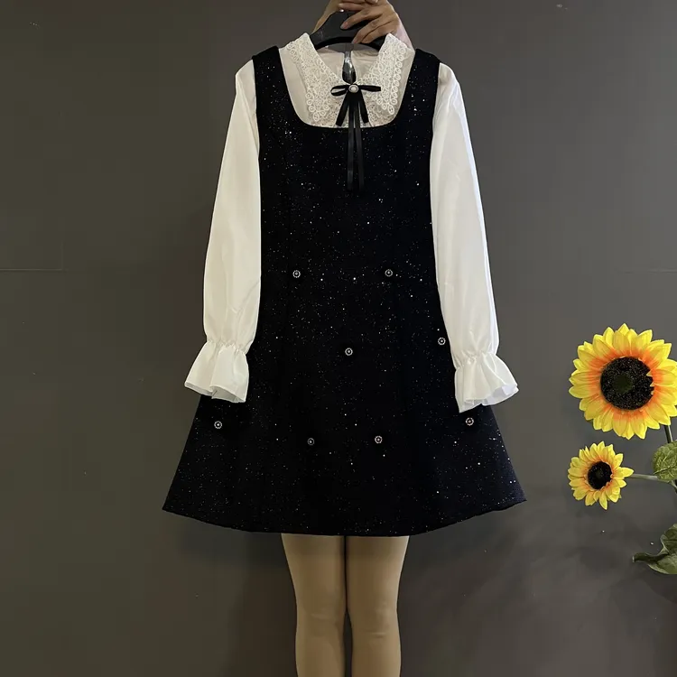 新款甜美风高级感衬衫打底时尚显瘦亮闪闪马甲裙两件套