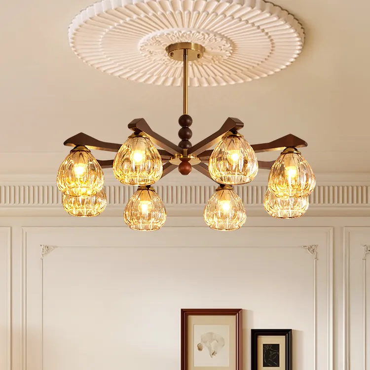 CASAGD法式客厅中古风实木吊灯轻奢复古玻璃餐厅胡桃木色卧室灯具