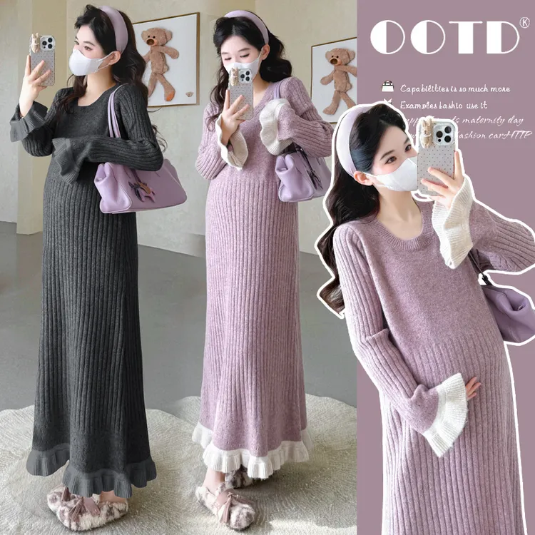 孕妇连衣裙2025秋冬新款毛衣针织孕妇连衣裙花边坑条撞色孕妇装