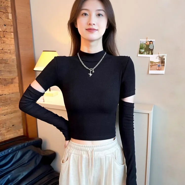 2025新款爆款半高领黑色女打底上衣春秋内搭修身显瘦短款长袖t恤