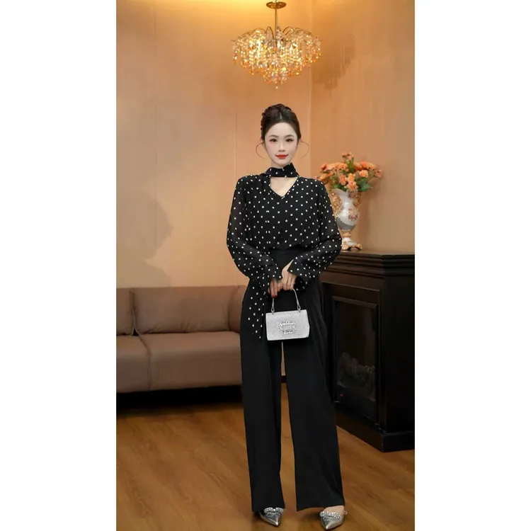 6122【岁月留痕】法式v领波点飘带长袖雪纺衫高级感显瘦气质