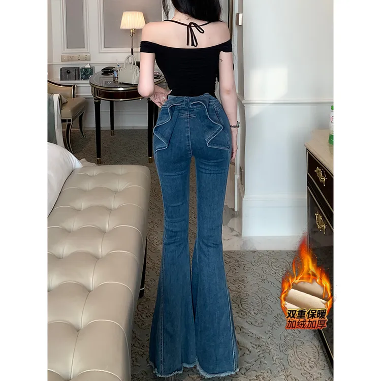 亦菲同款设计感后腰立体蝴蝶牛仔裤女2025加绒冬季高腰显瘦喇叭裤
