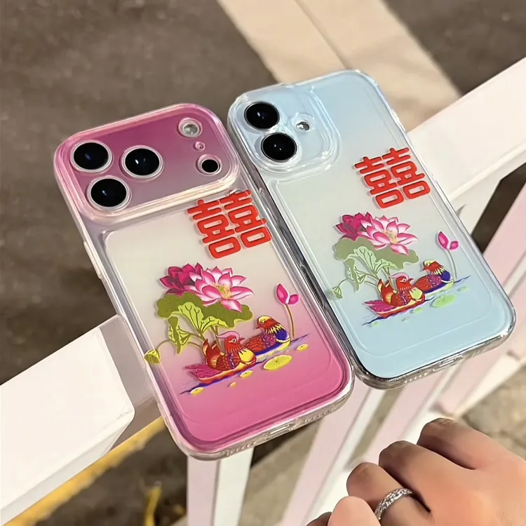 爆款渐变囍字荷花透明手机壳适用vivo苹果oppo华为荣耀小米红米软