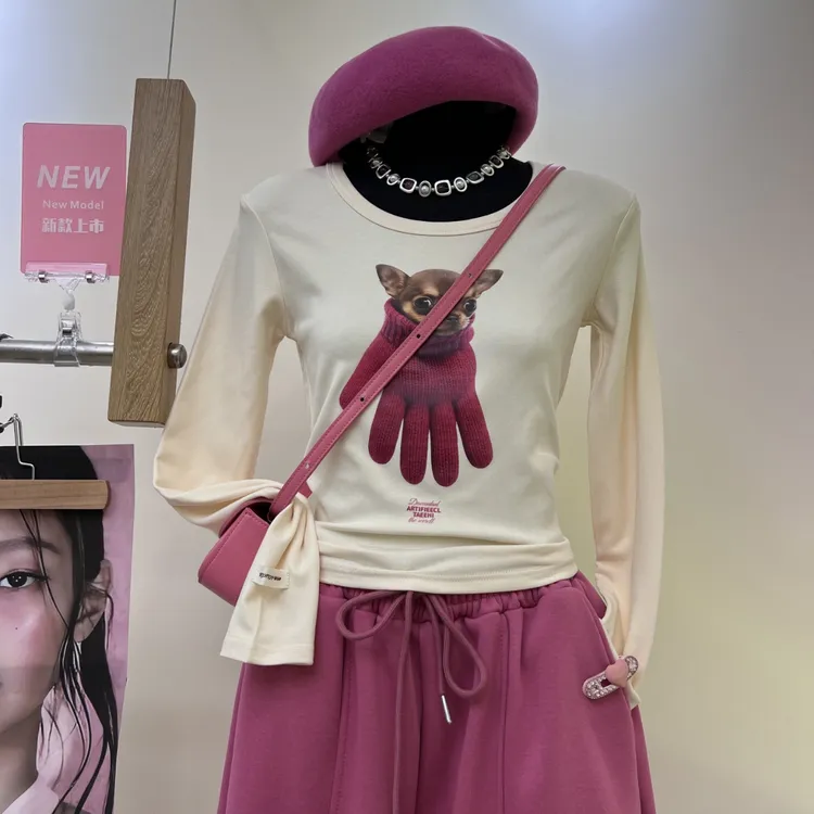 20205款美式复古趣味狗狗动物印花冬季新款加绒加厚重磅打底上衣