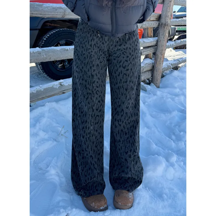 观与蛋妹大码女装微胖mm冬季豹纹保暖复古显瘦休闲阔腿裤DM35592