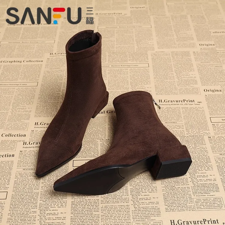 三福尖头2025新款秋冬绒面百搭法式小短靴女高级感粗跟韩系小裸靴