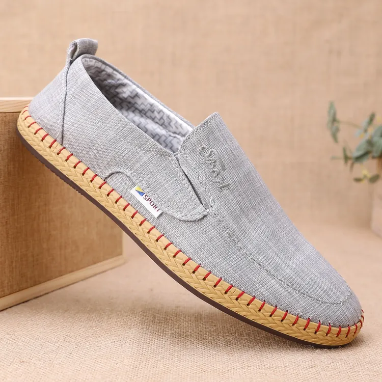 透气纯色一脚蹬车缝线休闲帆布鞋韩版潮鞋手工缝制男鞋