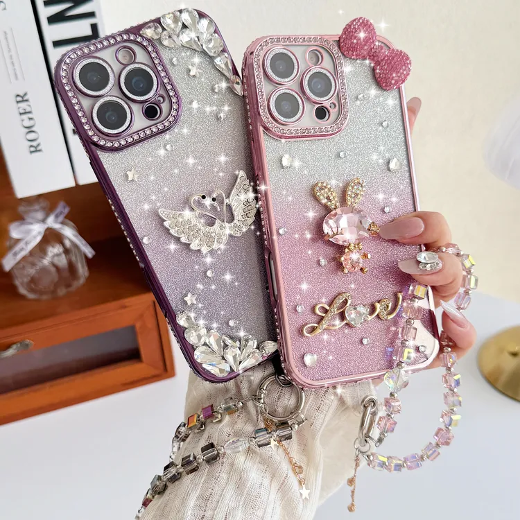 高定珠子手链奢华镶钻防摔手机壳适用苹果iPhone16Promax/华为