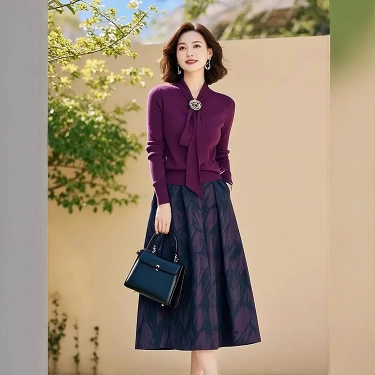 中年女装紫色针织套装女2025秋季新款带针织上衣印花半身裙两件套
