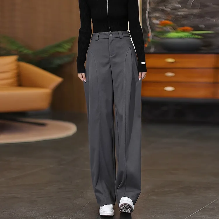 时尚高腰毛呢弯刀裤女2025秋冬新款加厚保暖宽松显瘦阔腿裤休闲裤