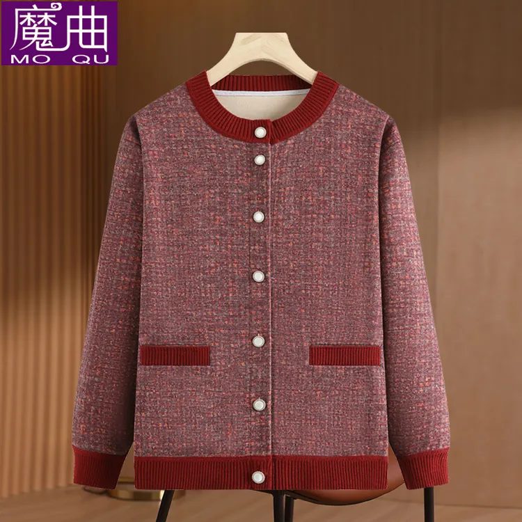 中老年人奶奶加绒加厚妈妈装针织开衫女老太太秋冬外套老人上衣服