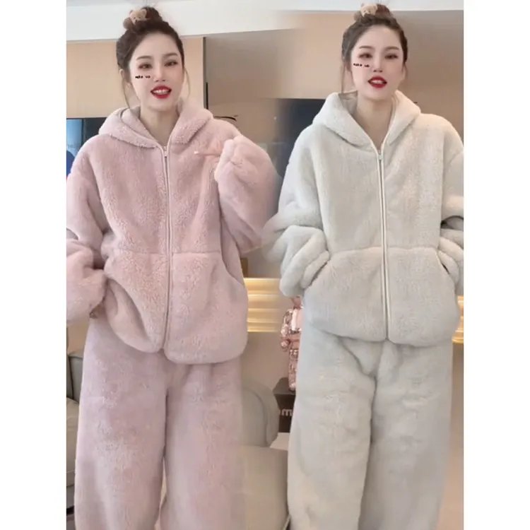 连帽显瘦加绒加厚家居服两件套女2025冬季新款宽松保暖睡衣套装潮