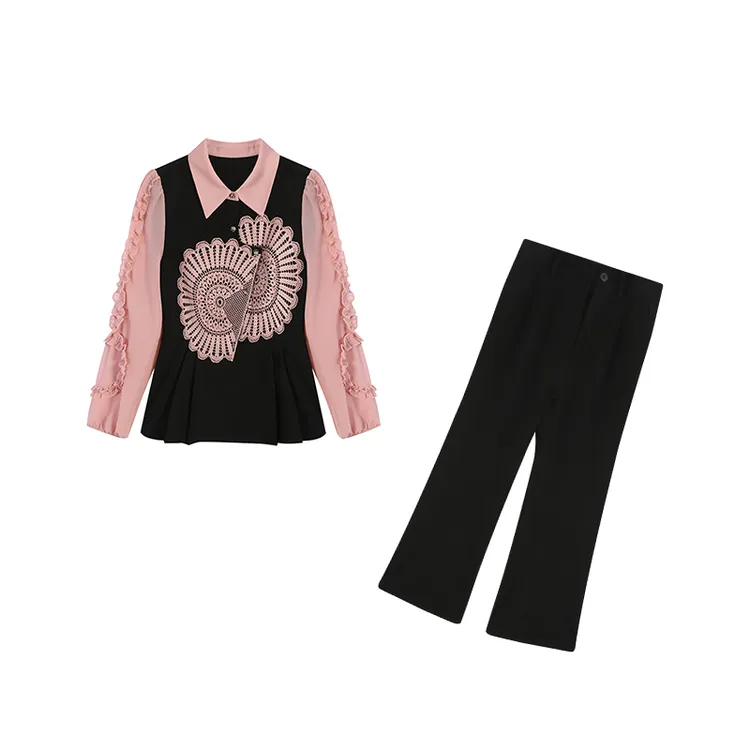 橘子-五季家胖妹妹显瘦春季新款时尚上衣微喇裤两件套ZL104183