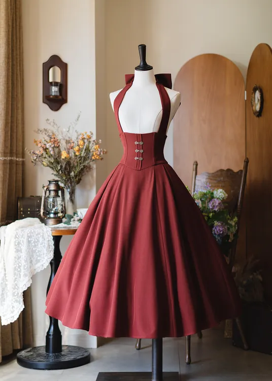 红丝绒 安可拉红鱼骨挂脖半裙+短外套+长袖衬衫优雅古典秋季套装