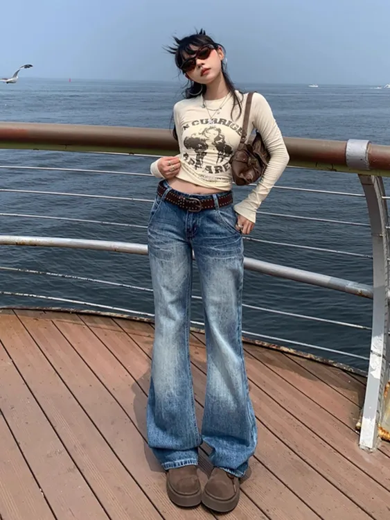 复古阔腿牛仔裤女2025春秋新款低腰宽松慵懒垂感百搭裂纹直筒裤子