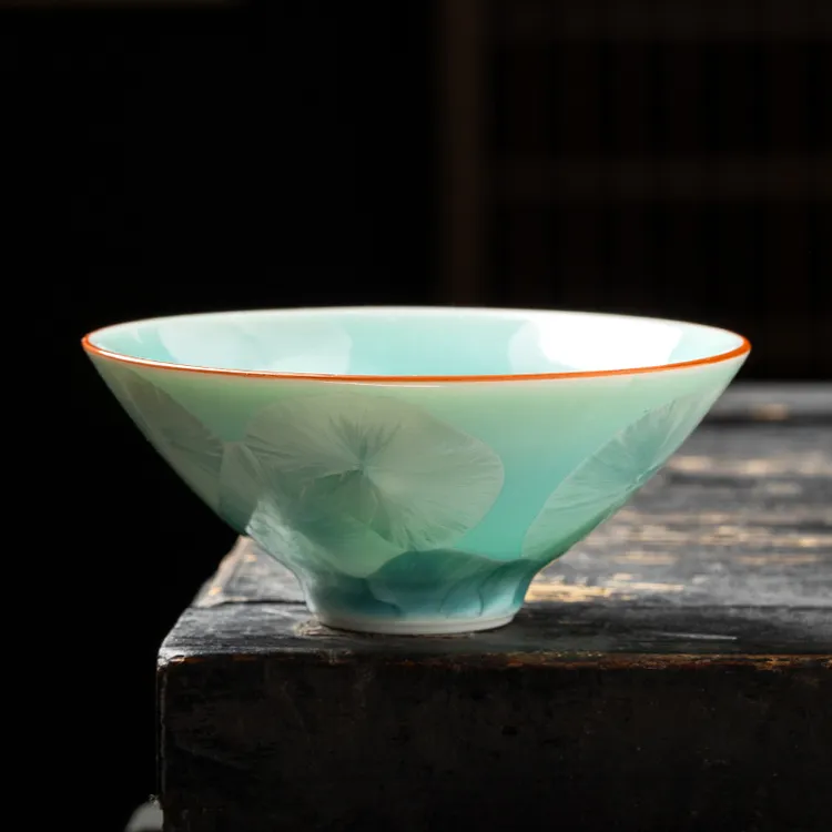 粉青汝窑斗笠杯可养金线结晶釉品茗杯个人喝茶专用杯子简约陶瓷杯