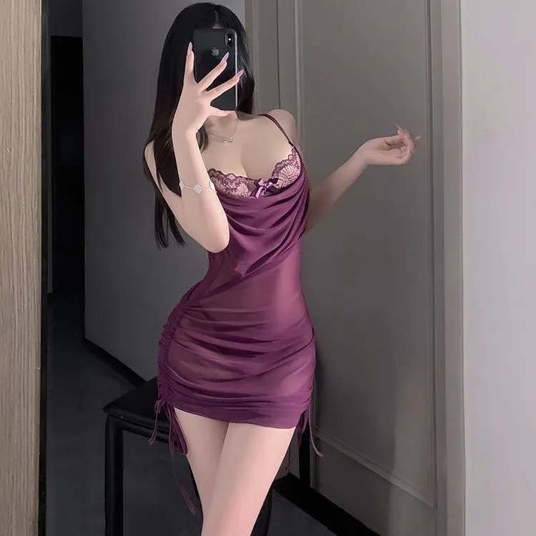 褶皱短款防下垂睡衣V领夏季睡裙修身蕾丝透气无袖