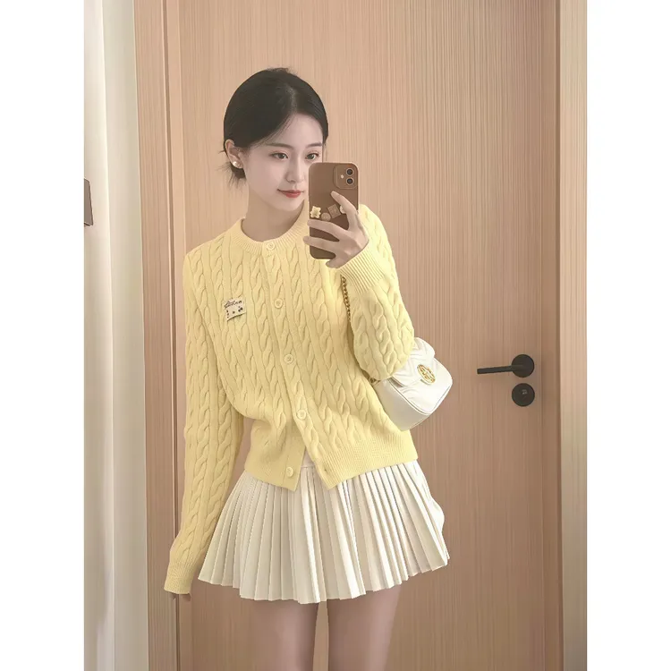 韩系穿搭一整套温柔风麻花针织开衫上衣女秋季高腰百褶短裙两件套