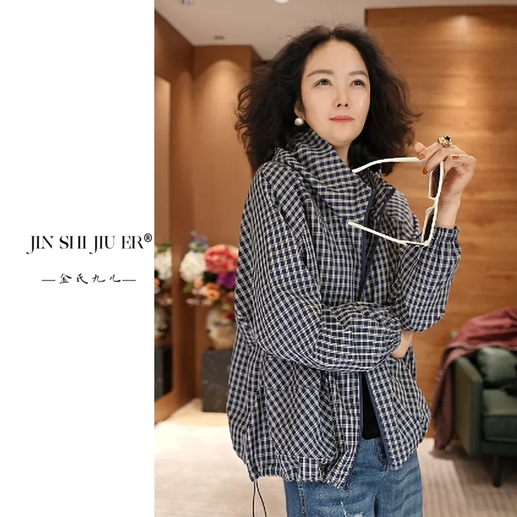 JIUER[格子]时尚休闲上衣女外套春季女外套经典格子外套25059