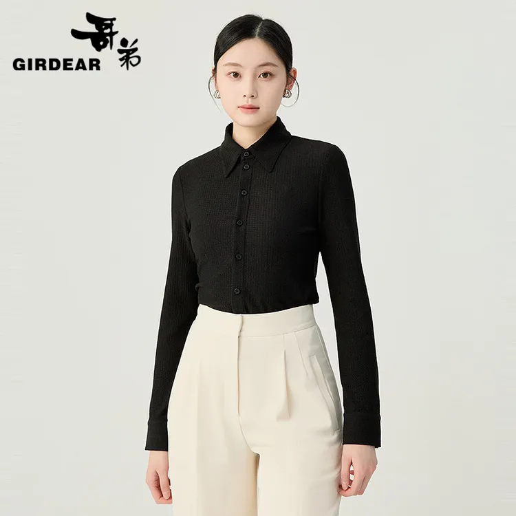 哥弟品质女装新款时尚简约百搭水波纹肌理感翻领弹力衬衫1301038