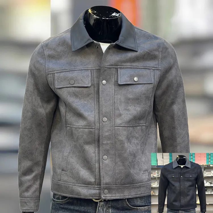日系简约小板型翻领工装夹克男士鹿皮绒外套按扣上衣青年修身外套