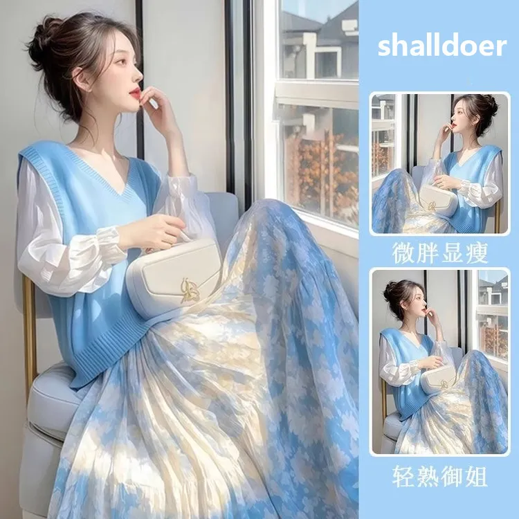 韩系早春穿搭一整套女装2025春季新款V领针织马甲碎花连衣裙套装