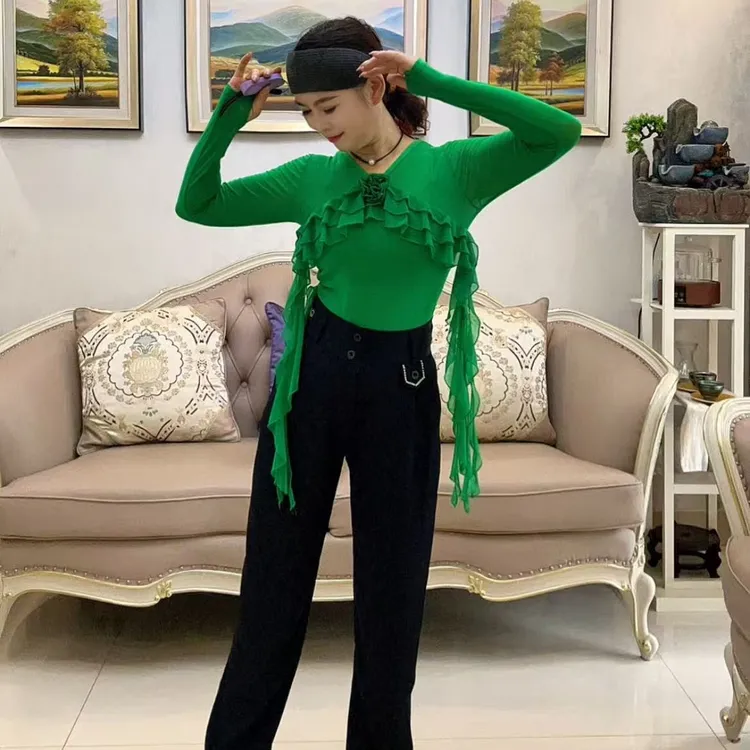 新款荷叶边摩登舞练功服国标舞拉丁舞上衣女成人连体衣