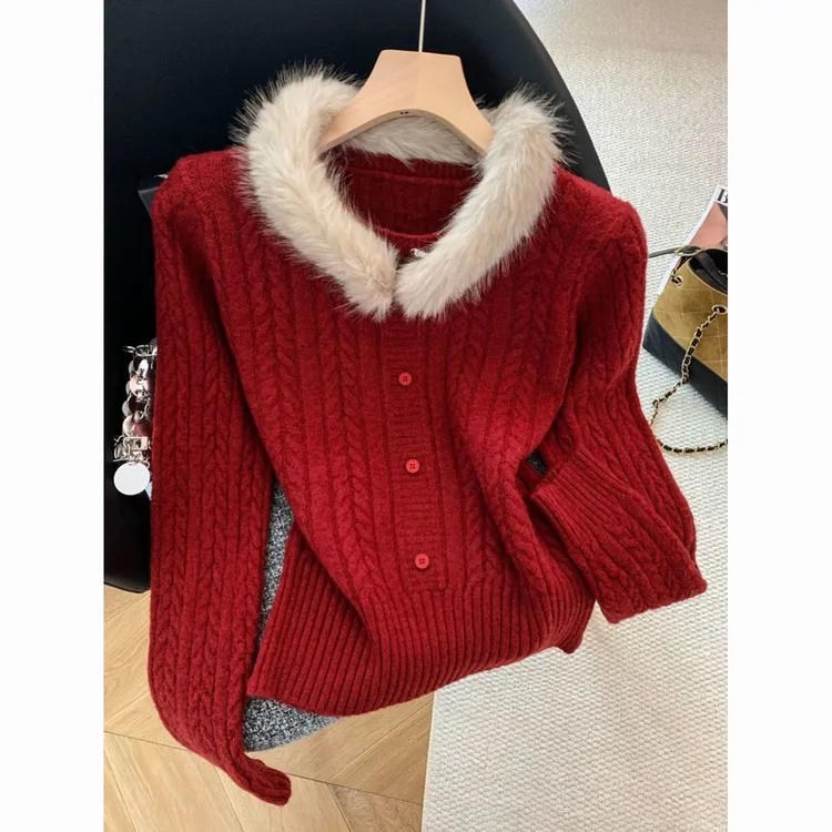 秋冬新款纯欲复古风可拆卸毛毛领麻花针织打底衫洋气百