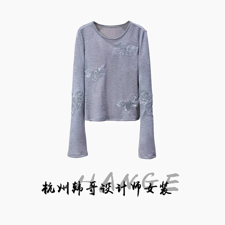 【韩哥女装】欧版设计月魄灰绣布蝴蝶结圆领高弹上衣9077