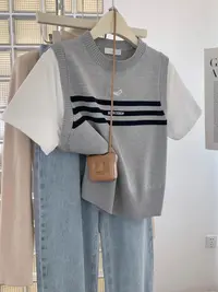 灰色假两件针织短袖t恤女夏季2025新款设计感巨遮洋气衣服女