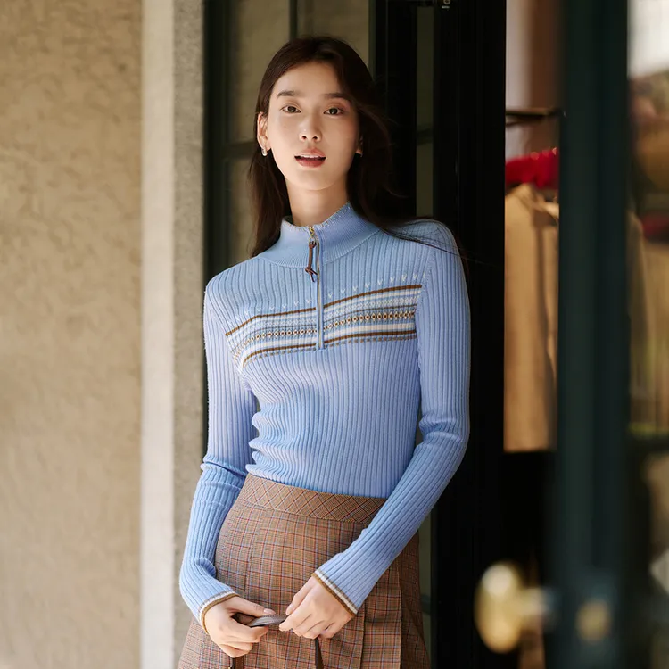 EP雅莹秋装新款女装 高支纯羊毛几何提花高领针织毛衣9523A